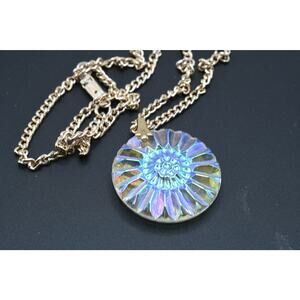 Vintage West Germany Eloxal Necklace Iridescent Glass Pendant Gold